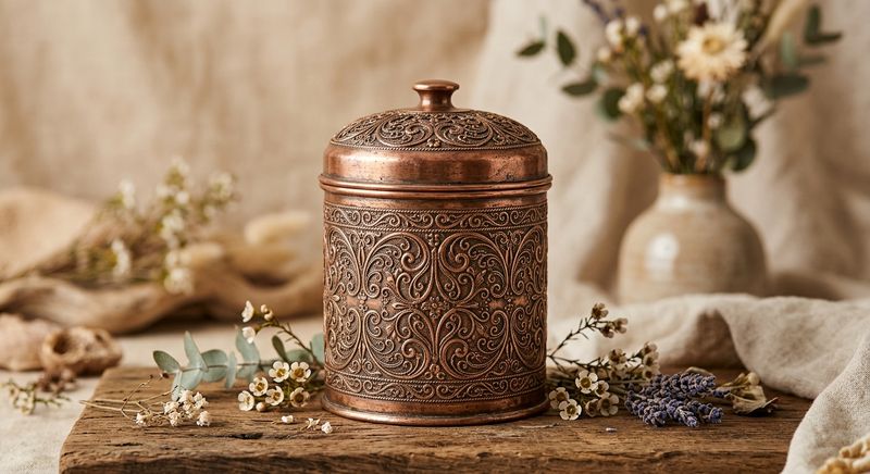 Aged Copper Tea Caddy with Intricate Filigree